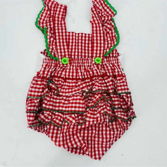 Marie Nicole Clothing Gingham Farm Animal Embroidered Romper Red White Ruffle - Picture 6 of 8